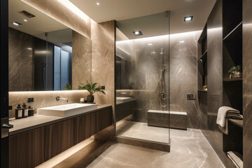 A sleek and modern bathroom with a floating vanity, a glass-enclosed shower, and ambient lighting for a contemporary and spa-like experience. Generative AI