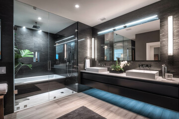 Fototapeta na wymiar A sleek and modern bathroom with a floating vanity, a glass-enclosed shower, and ambient lighting for a contemporary and spa-like experience. Generative AI