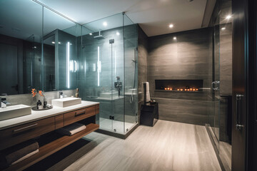 A sleek and modern bathroom with a floating vanity, a glass-enclosed shower, and ambient lighting for a contemporary and spa-like experience. Generative AI