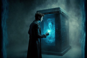 Science-fiction multidimension of Doctor Who, TARDIS spaceship, blue box, falling back-down through universe war, burning nights, destroying flood, world apocalypse, drop of tear saves, Generative AI