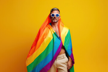 Generative AI illustration of trendy young man in sunglasses and colorful rainbow LGBT flag on yellow background in studio and looking at camera