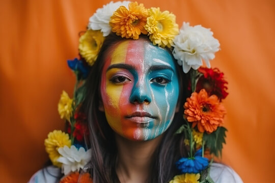 Generative AI illustration of young female lesbian with bright multicolored face paint and bundle of flowers over head looking at camera on orange background in studio