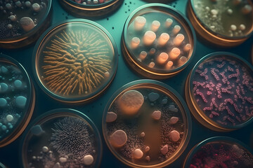 Generative AI illustration of bacterial and viral pathogens in various petri dishes in laboratory