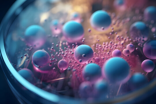 Abstract generated AI illustration of oval shapes of different sizes and piles of microorganism substance scattered on shiny surface of dish