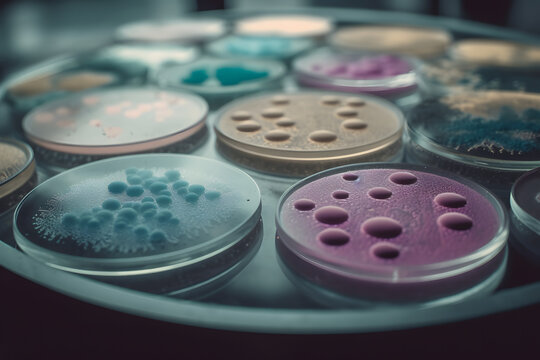Generative AI illustration of high angle Petri dishes with bacterial colonies of various colors placed on glass table in selective focus