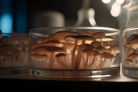 Generative AI illustration of groups of mushrooms vegetating under transparent glass covers and placed on table in dark room