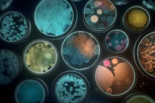 Generative AI illustration of bacterial and viral pathogens in various petri dishes in laboratory