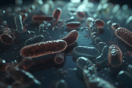 Macro shot of rod-shaped highly-detailed bacteria on glass surface created with generative AI technology