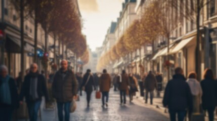 Blurred Crowded Street of Paris, perfect for background or presentation. City architecture image, blur. Generative AI illustration.