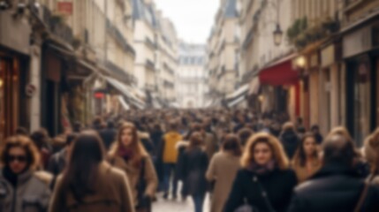 Fototapeta premium Blurred Crowded Street of Paris, perfect for background or presentation. City architecture image, blur. Generative AI illustration.
