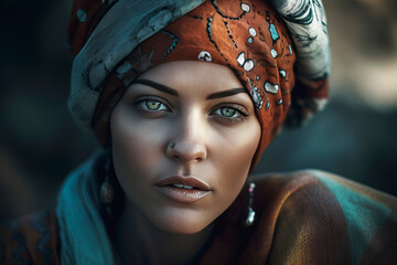 Generative AI illustration of Beautiful young berber woman with turban dressed in costume, jewelry and tribal tattoos