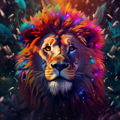 a painted lion surrounded by colorful background,