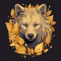 head of a realistic yellow wolf with yellow feathers and leaves, easy to delete background.