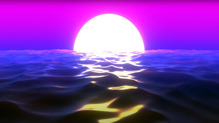 Sunrise in the sea. 3D render. Computer digital drawing.