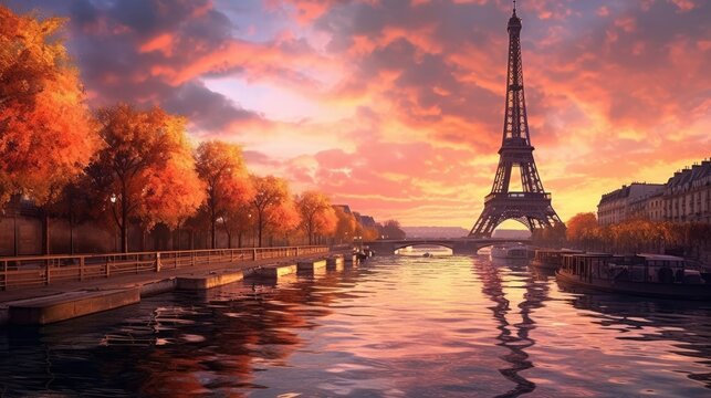 Paris Eiffel Tower and river Seine at sunset in Paris, France. Eiffel Tower is one of the most iconic landmarks of Paris., Generative AI
