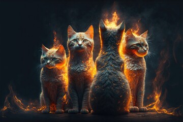 Cats on fire with calm expressions