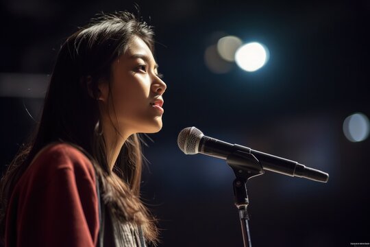 Young woman engaged in a heartfelt, first-time public speaking event, a candid coming of age moment filled with genuine emotion, graduation, event, generative ai