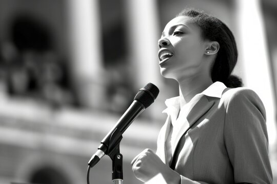 Young african american woman engaged in a heartfelt, first-time public speaking event, a candid coming of age moment filled with genuine emotion, graduation, event, generative ai