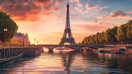 Paris Eiffel Tower and river Seine at sunset in Paris, France. Eiffel Tower is one of the most iconic landmarks of Paris., Generative AI - obrazy, fototapety, plakaty