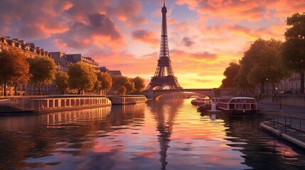 Naklejka na ściany i meble Paris Eiffel Tower and river Seine at sunset in Paris, France. Eiffel Tower is one of the most iconic landmarks of Paris., Generative AI