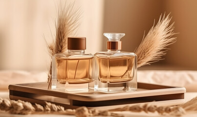 Two glass perfume samples with transparent brown liquid on wooden tray lying on beige background with pampas grass. Luxury and natural cosmetics presentation - obrazy, fototapety, plakaty