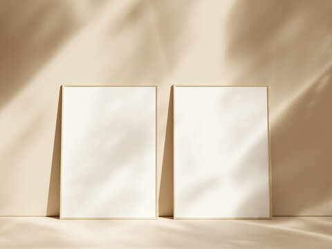Minimal picture poster frame mockup on pastel floor with shadow