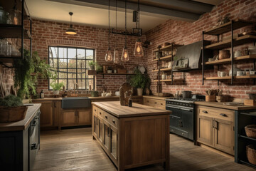 A rustic and cozy kitchen with exposed brick walls, farmhouse-style cabinets, and a large farmhouse sink for a warm and inviting atmosphere. Generative AI