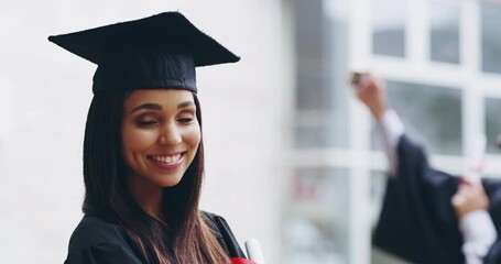 Study, graduation and diploma with face of woman in college for achievement, education and scholarship. University, future and award with portrait of student for success, certificate and graduate