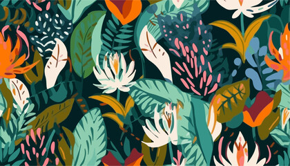 Modern exotic ethnic floral jungle pattern. Collage contemporary seamless pattern. Hand drawn cartoon style pattern
