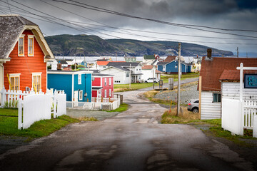 Small town Newfoundland street with colourful homes and vacation rental properties in Bonavista Canada along the Discovery Trail.