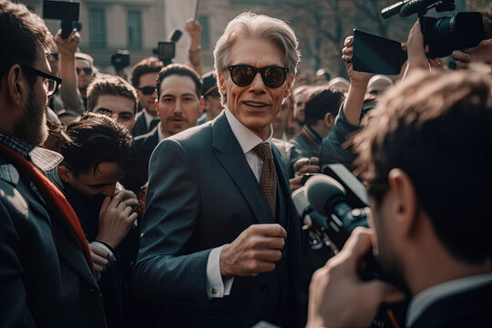 Displeased man in suit surrounded by paparazzi. Generative AI
