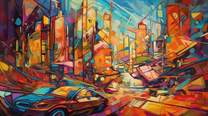  a painting of a city street with a car in the foreground.  generative ai