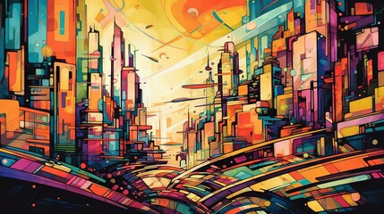 Naklejka premium a painting of a cityscape with a yellow sky. generative ai