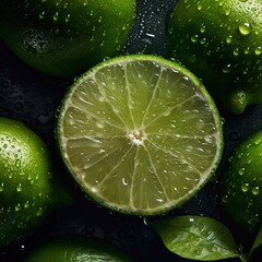 Fototapeta na wymiar a lime with water droplets on it and some green leaves. generative ai