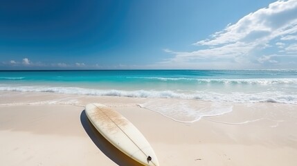 Fototapeta na wymiar Surf board standing on tropical sandy beach near ocean. Generative ai