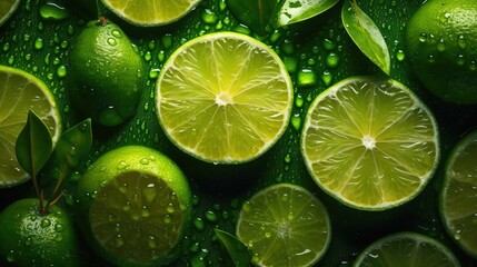  a group of limes with water drops on them and leaves.  generative ai