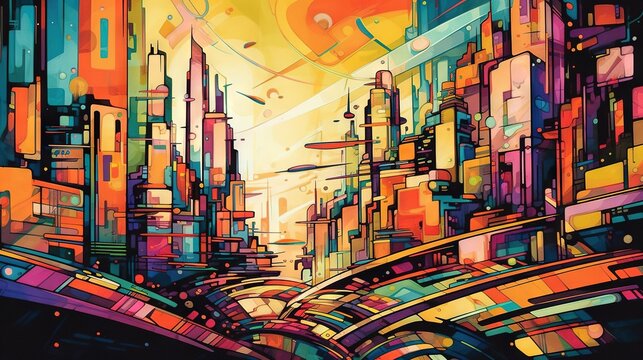  a painting of a cityscape with a yellow sky.  generative ai
