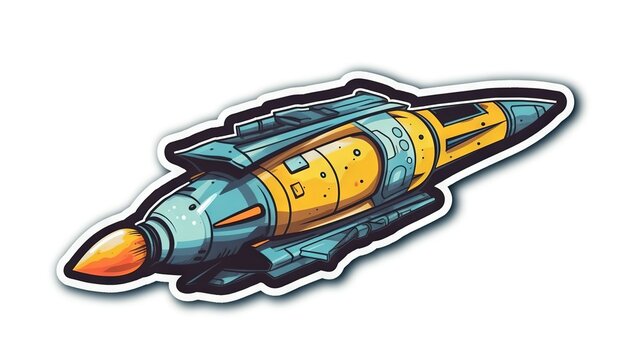  a sticker of a yellow and blue rocket ship on a white background.  generative ai