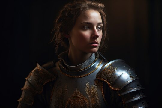 Female medieval knight, oil painting, Renaissance style. Generative AI