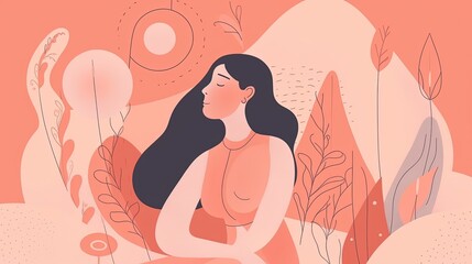 Healthy mentality and self care illustration. Happy woman feel confident, relax, accept and love herself. Selfcare and acceptance concept. Generative AI