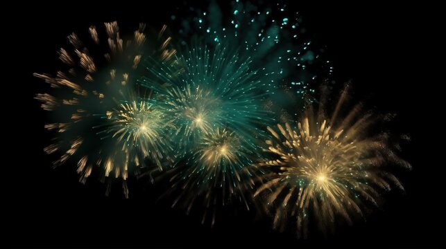  a green and yellow fireworks on a black background with a black background.  generative ai