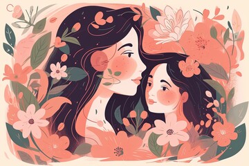 Mother's day - illustration of mom and daughter hugging each other, Generative ai