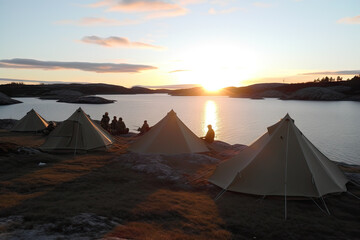 Outdoor bushcraft scene camping site, tent in the woods, generative ai
