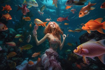 Obraz na płótnie Canvas Playful mermaid on underwater surrounded by colorful fish, generative ai