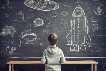 A student looking at blackboard with space drawing on it. 