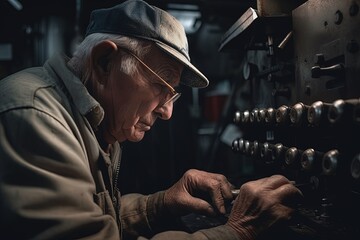 Senior elderly male turner mechanic working on machine tool for metal. Generative AI - obrazy, fototapety, plakaty