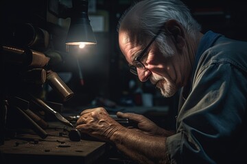 Senior elderly male turner mechanic working on machine tool for metal. Generative AI - obrazy, fototapety, plakaty