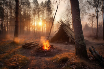 Outdoor bushcraft scene camping site, tent in the woods, generative ai