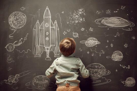 A student looking at blackboard with space drawing on it. 