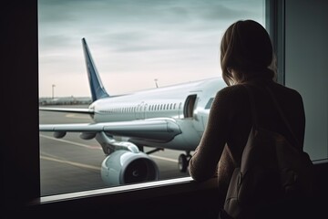 Woman with boarding passes and hand baggage looks out the terminal window on a large airliner. Generative AI